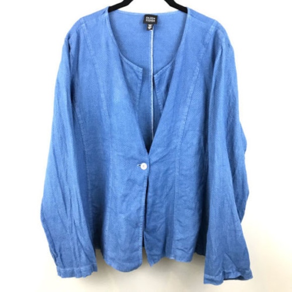 Eileen Fisher Womens Metallic Linen Cardigan Top Blue XL